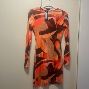 Bohoo Abstract Rib Long Sleeve Bodycon Dress